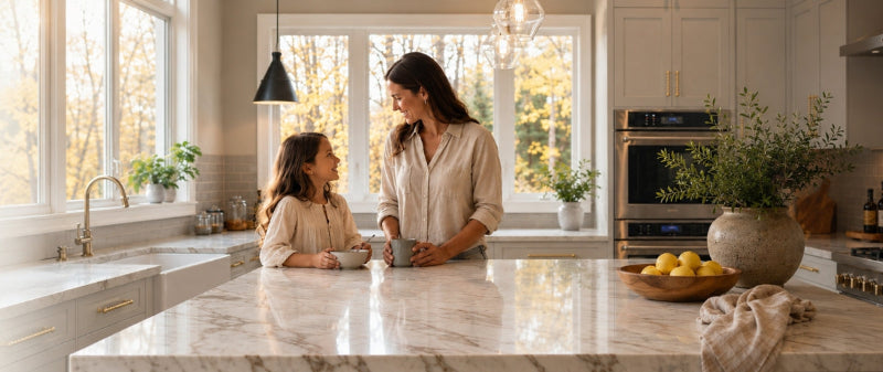 A woman and a young girl stand at a marble kitchen island in a bright, modern kitchen, holding mugs and talking. White cabinetry, a large marble countertop, built-in appliances, and potted plants are visible in the background.