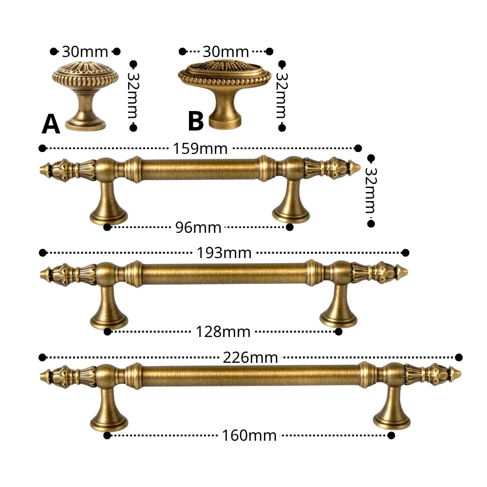Three brass cabinet handles with dimension labels on a white background. The top row shows a round knob labeled A and B, 30mm in diameter, 32mm high, with a width of 30mm.