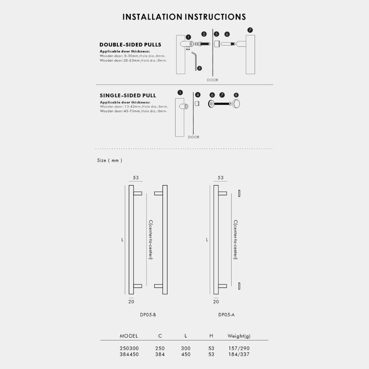 Installation instructions and dimension diagram for a door handle set, showing line drawings of double-sided and single-sided pulls with measurements in millimeters and a small specification table at the bottom.