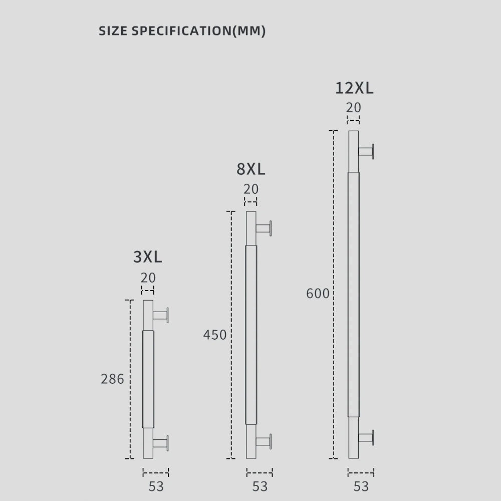 Size specification chart showing three door handle profiles labeled 3XL, 8XL, and 12XL with height and width measurements in millimeters on a light gray background.