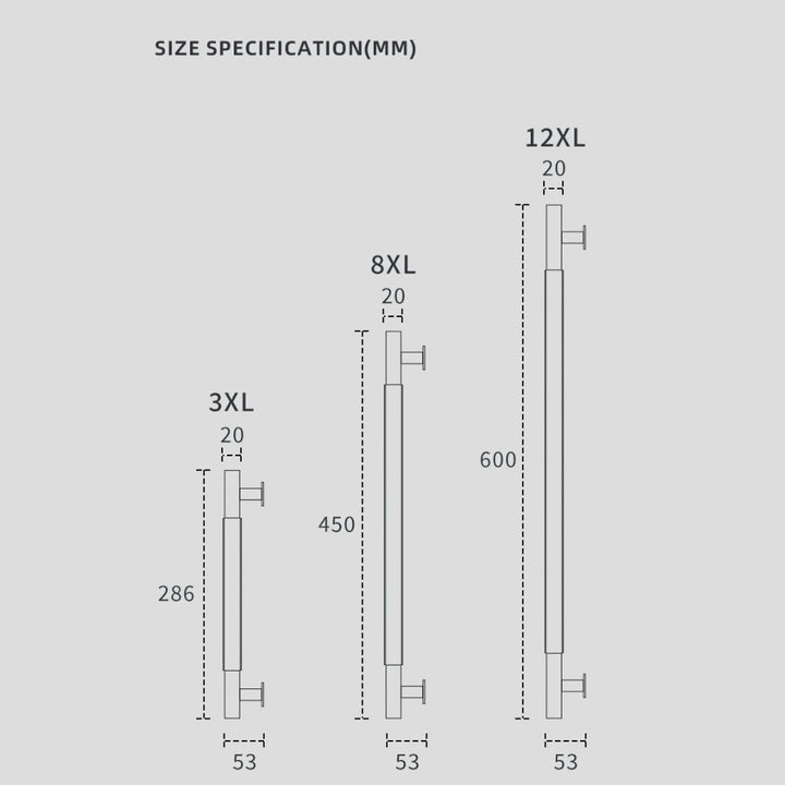Size specification chart showing three door handle profiles labeled 3XL, 8XL, and 12XL with height and width measurements in millimeters on a light gray background.