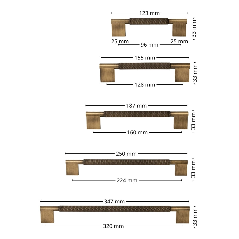 Dimension diagram for antique brass 5-inch cabinet pull, center-to-center spacing