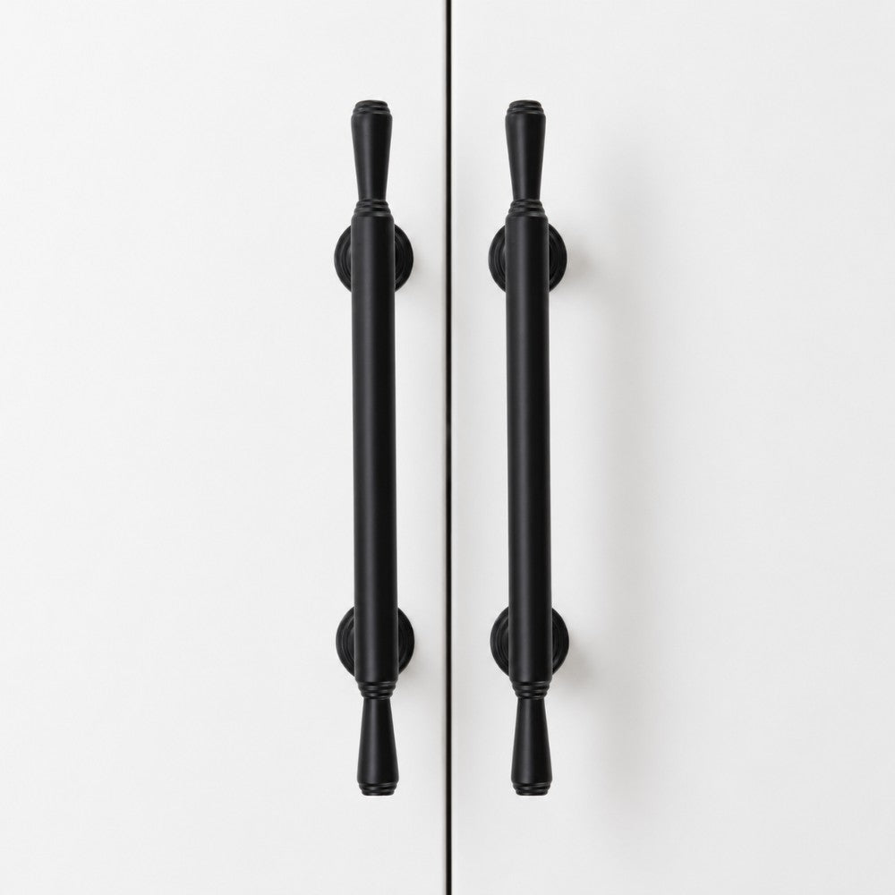 ARC matte black 5 inch cabinet bar pull - white shaker kitchen island - ARCHANDLES