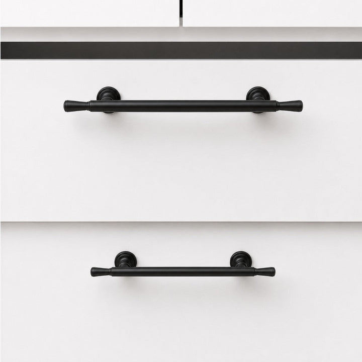ARC matte black 5 inch cabinet bar pull - white shaker kitchen island - ARCHANDLES