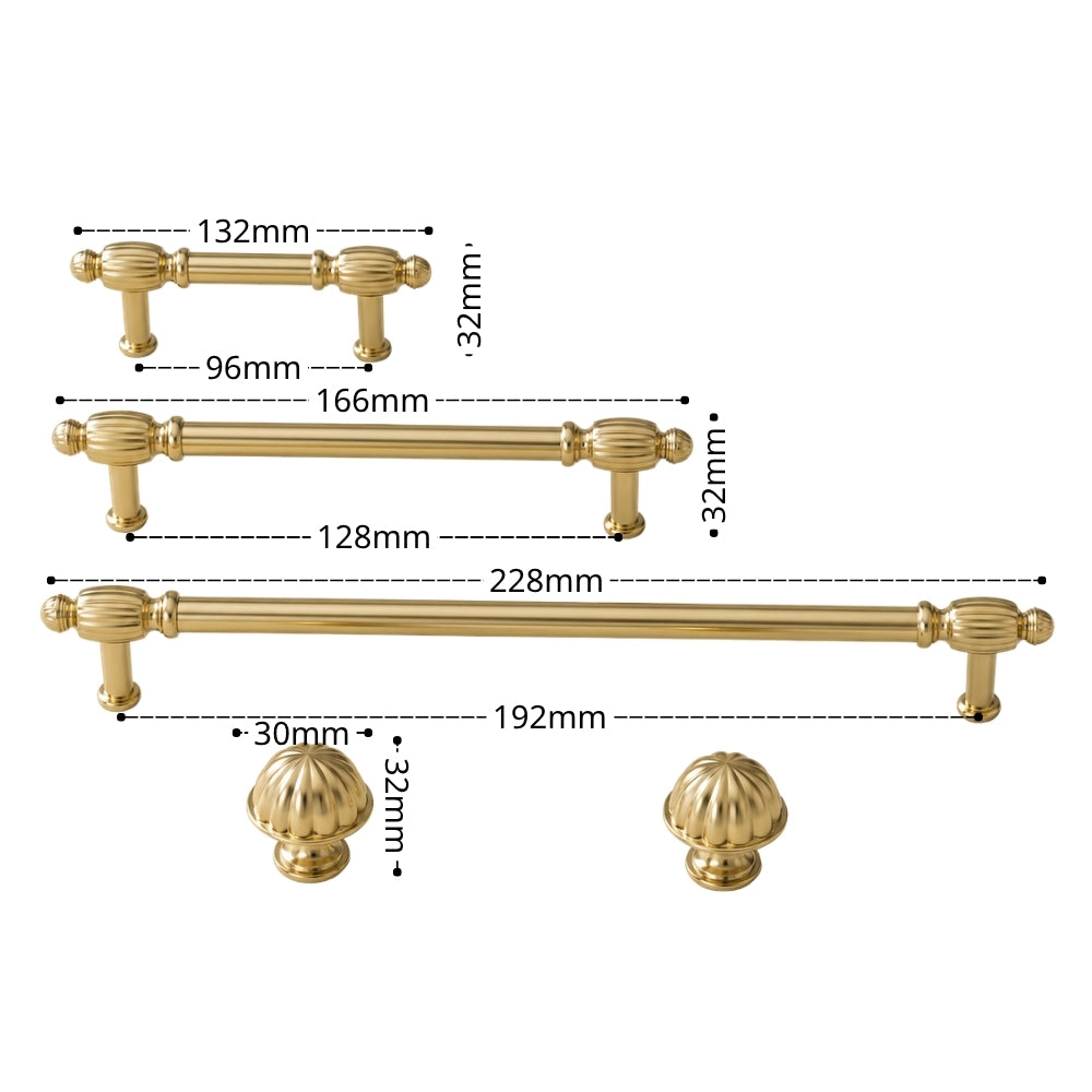 Gold-finished cabinet hardware set with dimension callouts, including two horizontal bar handles, two round knob handles, and measurements in millimeters on a white background.