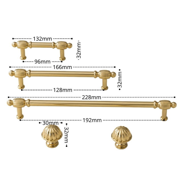 Gold-finished cabinet hardware set with dimension callouts, including two horizontal bar handles, two round knob handles, and measurements in millimeters on a white background.