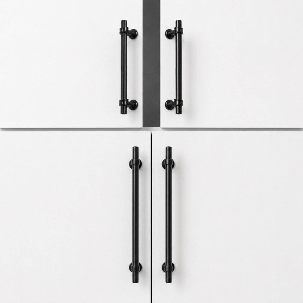 SKYE 10-inch matte black pull on panel-ready refrigerator in white Shaker kitchen