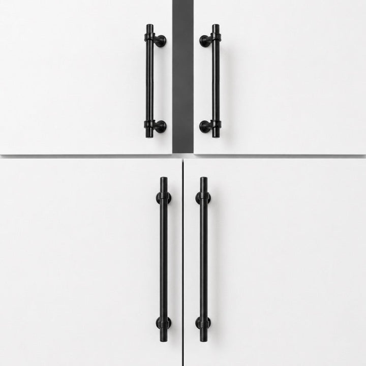 SKYE 10-inch matte black pull on panel-ready refrigerator in white Shaker kitchen
