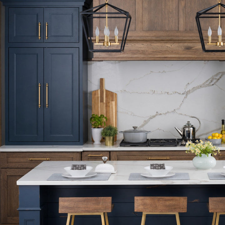 SPAN brushed brass 12.5 inch cabinet bar pull - navy blue kitchen island - ARCHANDLES